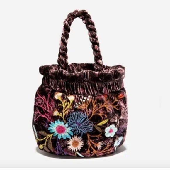 Johnny Was Handbags - Johnny Was Ulla Embroidered Velvet Pouch Bucket Crossbody Purse